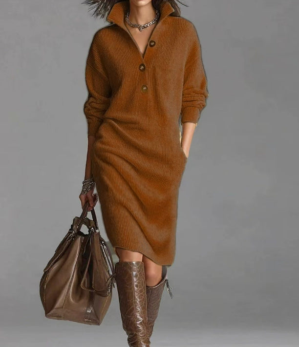 Casual Button Lapel Straight Knit Medium To Long Haired Dress