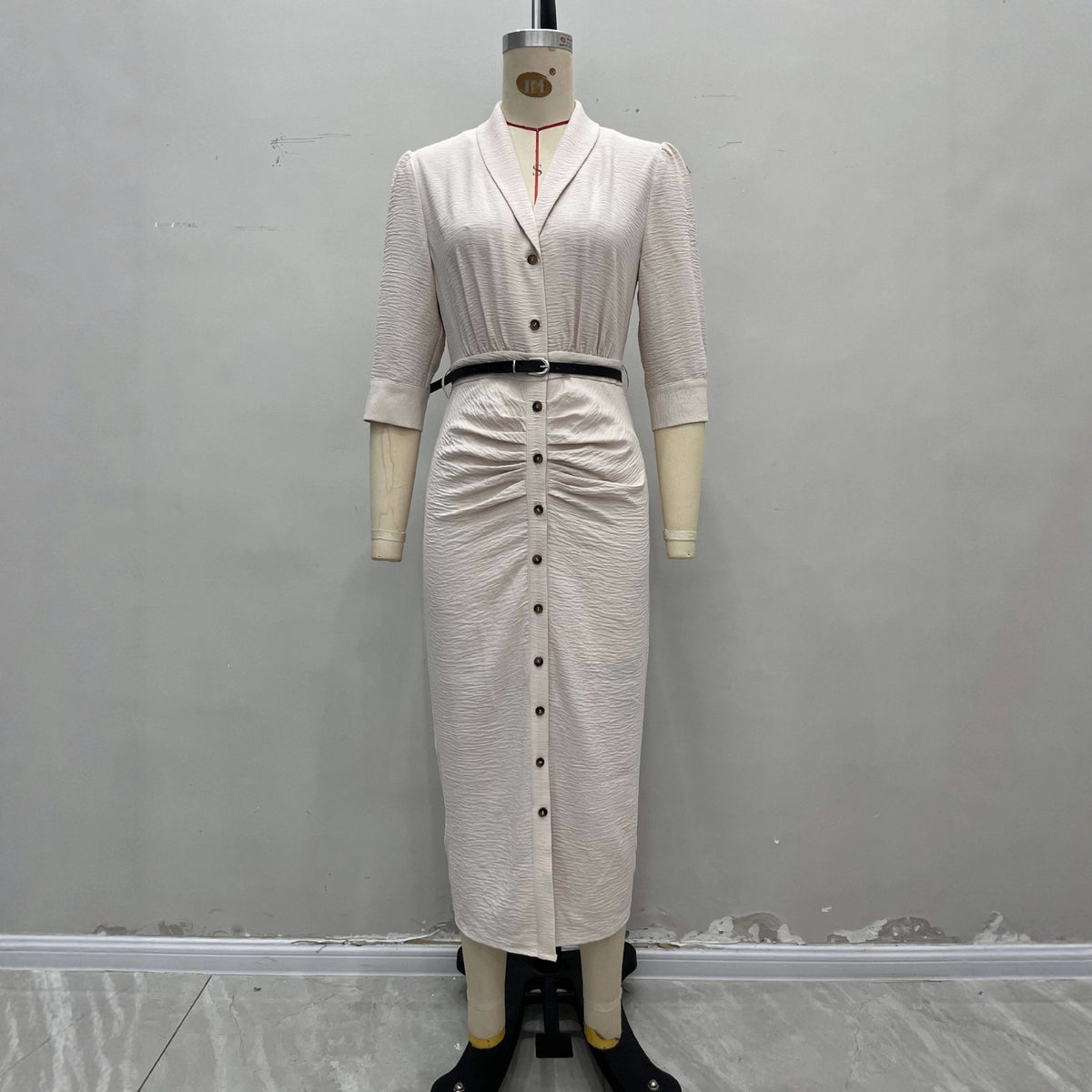 Fashionable Short-Sleeve Belted Pleated Shirt Dress