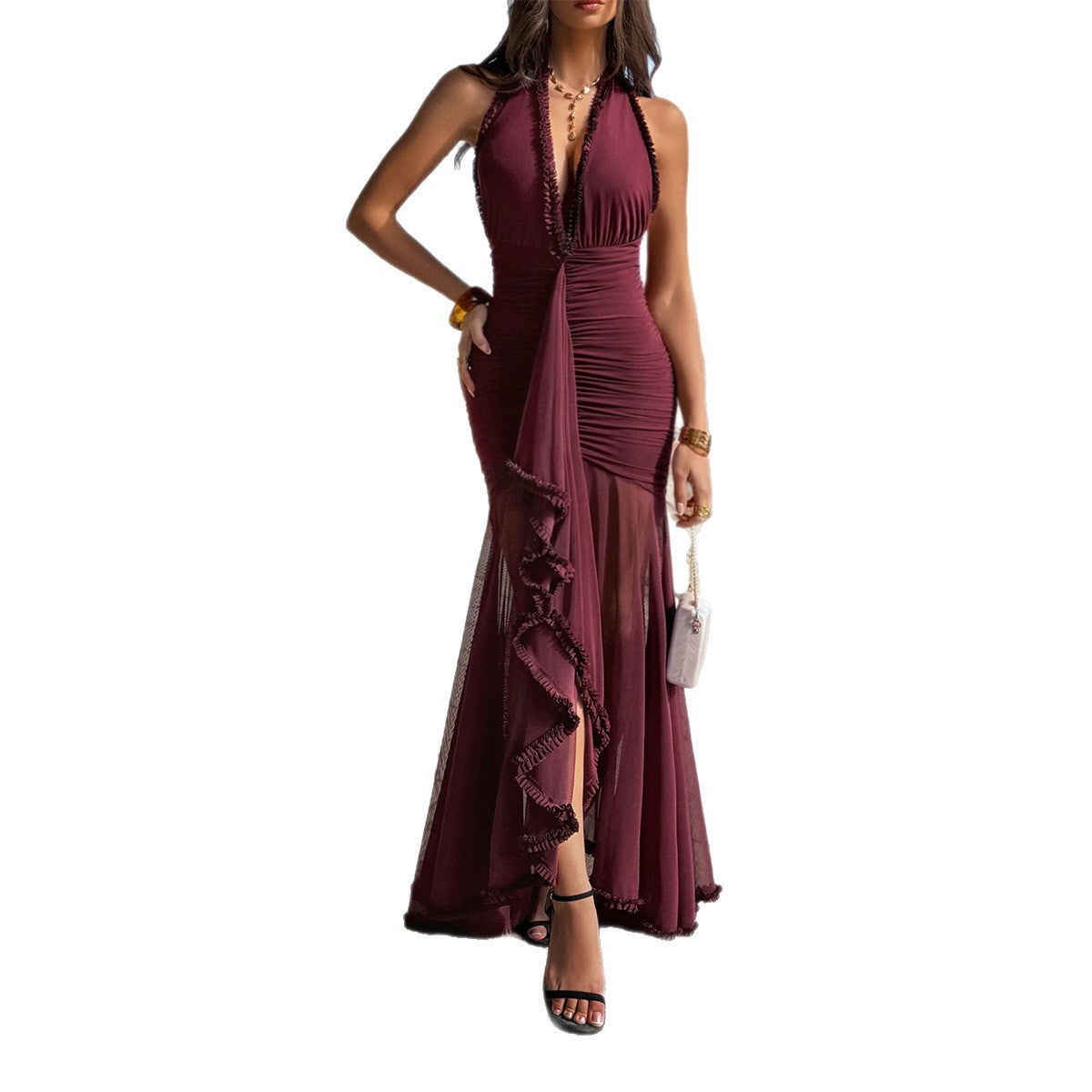 Womens Solid-Color Casual Hip-Hugging Low-Cut Dress