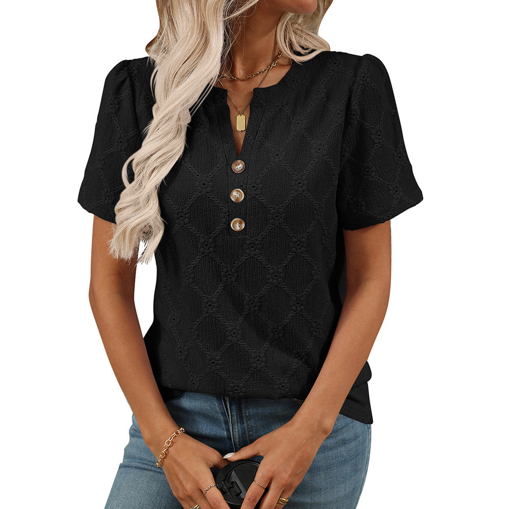 Round Neck Flower Jacquard Top Button T-shirt