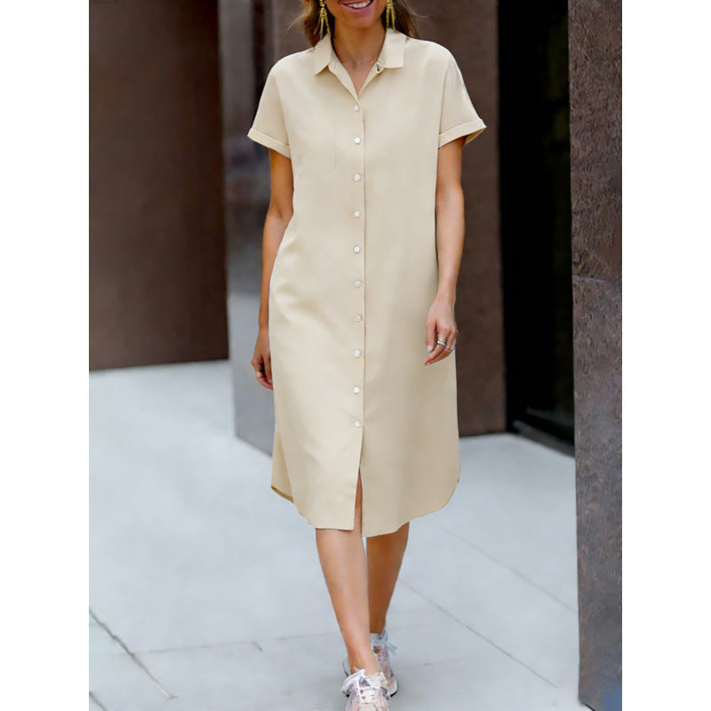 Mid-length Button-up Shirt Dress With A Lapel Collar