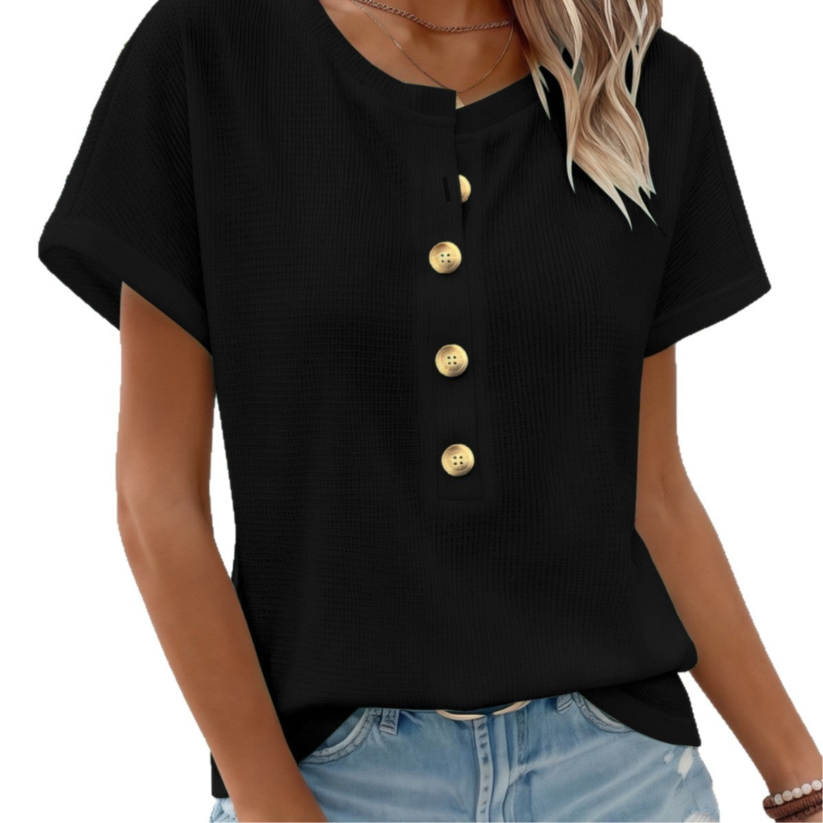 Buttoned Crew-neck Batwing-sleeve Loose-fit T-shirt Top