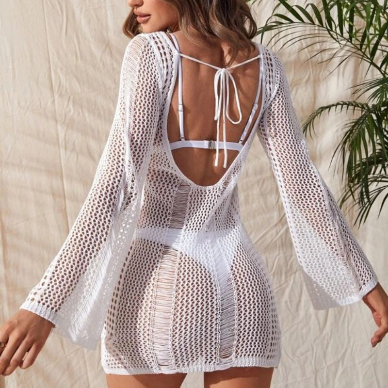 Womens Solid-Color Casual Loose Hollow-Out Knitted Long-Sleeve Dress