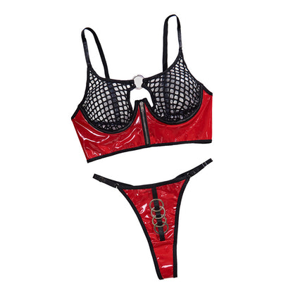 Mesh Patent Leather Women's Underwear Push Up Bra With Steel Ring Two-piece Set