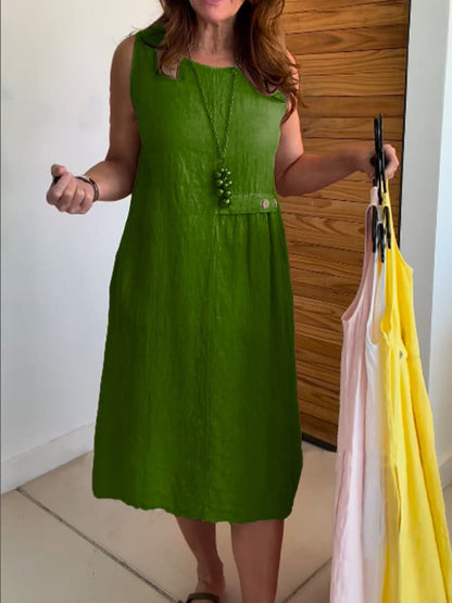 Womens Cotton-Linen Sleeveless Crew-Neck Dress With Buttoned Pockets, Western Style