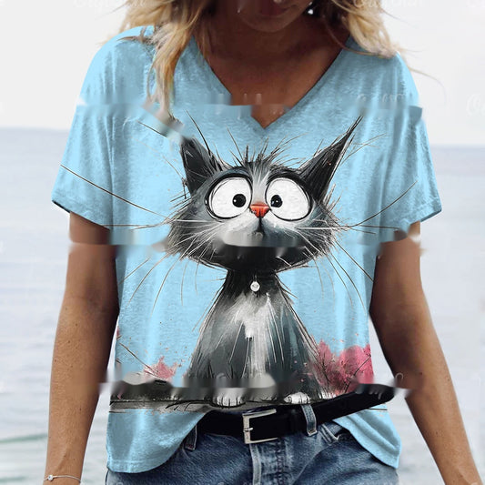 Women's Summer Cat Print Casual Short Sleeve