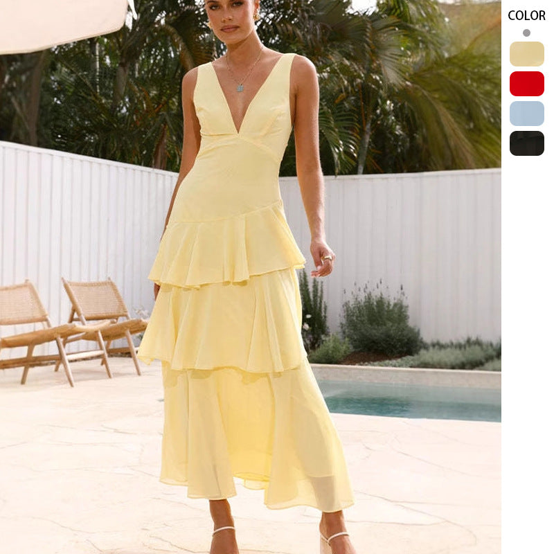 French-style Cake Dress With A Sleeveless V-neck For A Feminine Touch