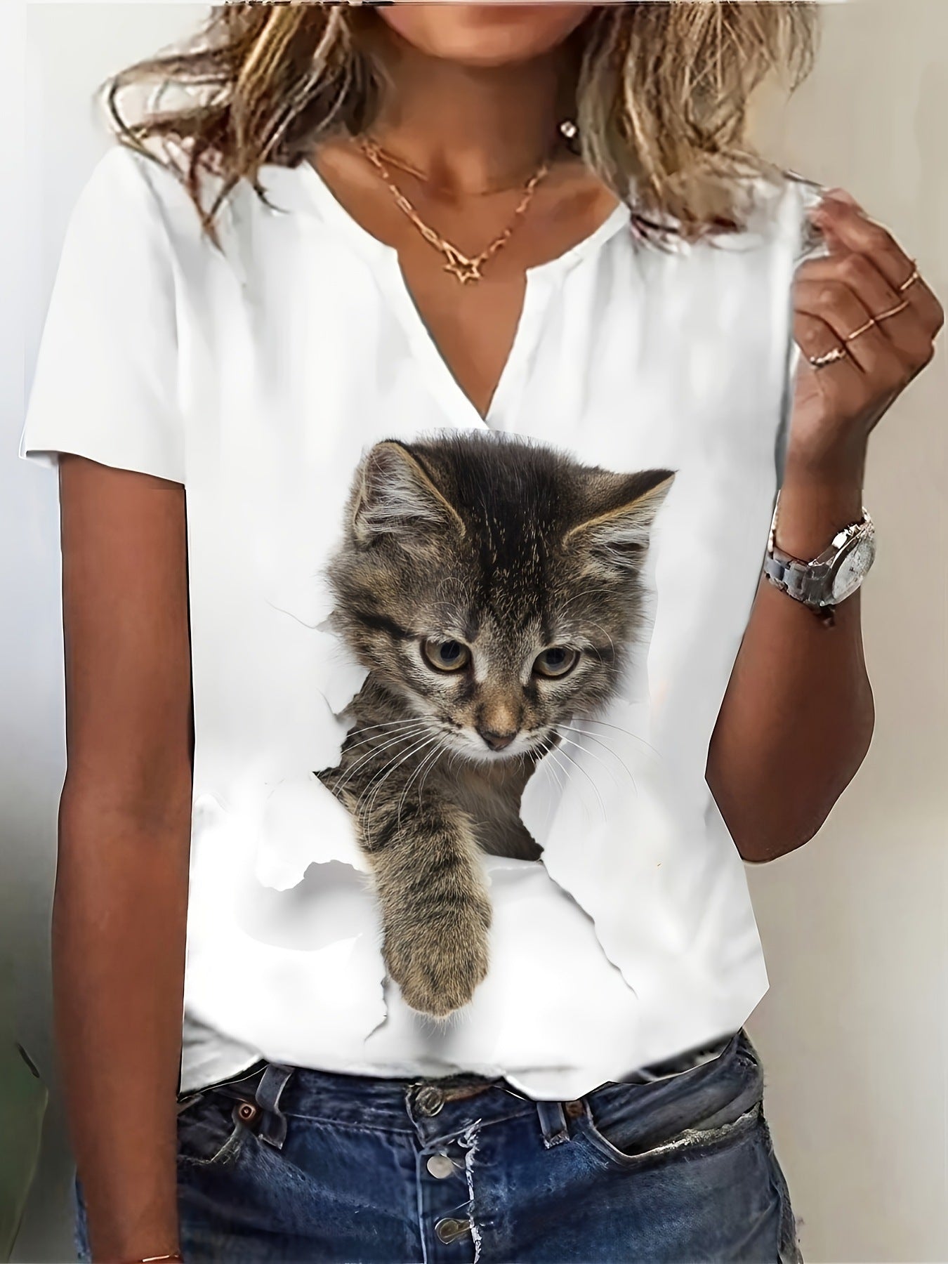 Women's Short-sleeved T-shirt Fashion Cat Printed Short-sleeved Top Casual Women's Clothing
