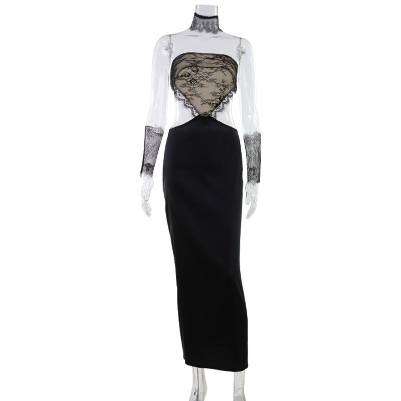 Fashionable Midriff-baring Sexy Strapless Lace-embellished Backless Evening Dress