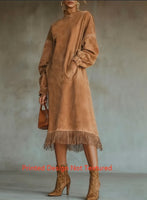 Vintage Turtleneck Tassel Sweatshirt Dress