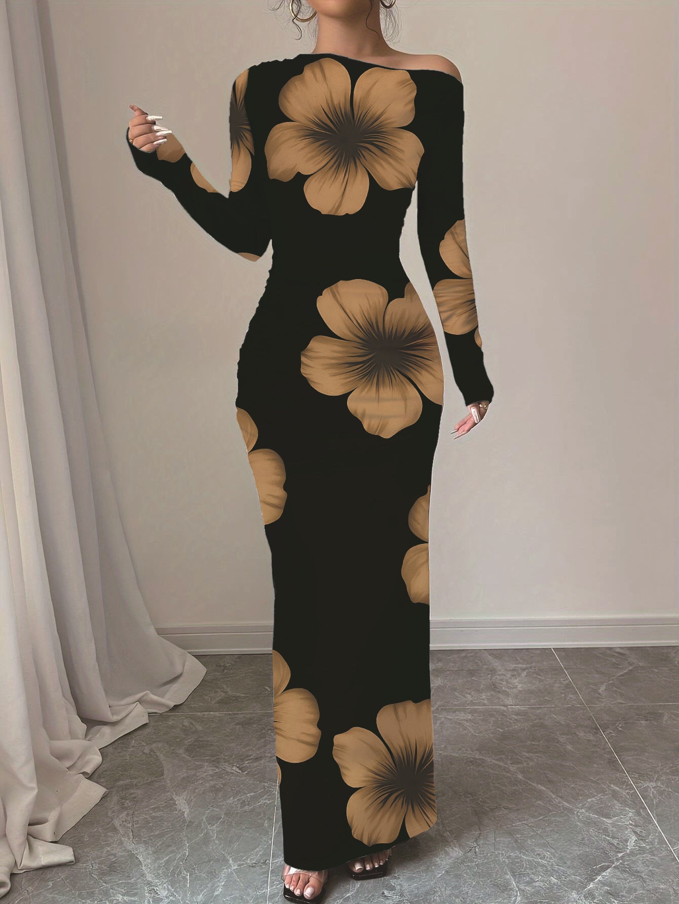 Womens Printed Slim-Fit Long-Sleeve Dress