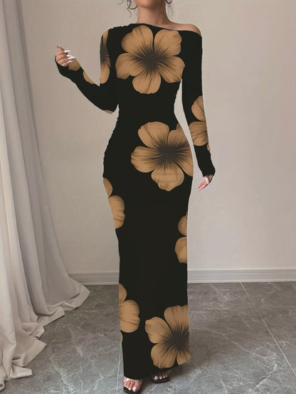 Womens Printed Slim-Fit Long-Sleeve Dress