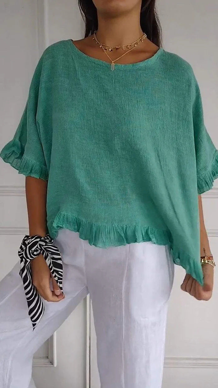 Pure Color Ruffles T-shirt Female Casual Short-sleeved Top