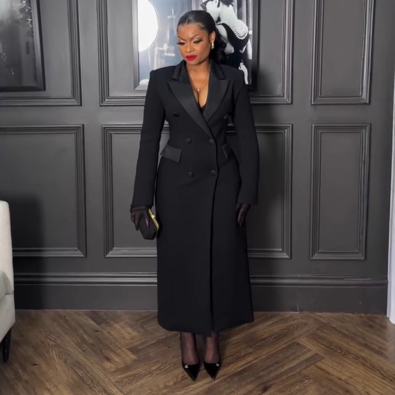 Sexy Elegant Long Blazer Dress With A Notched Collar And A Fitted Waist