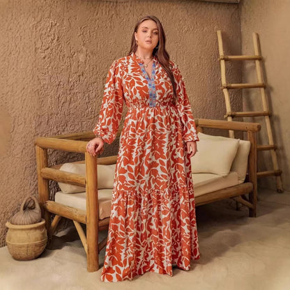 Printed V-neck Long-sleeve Womens Dress