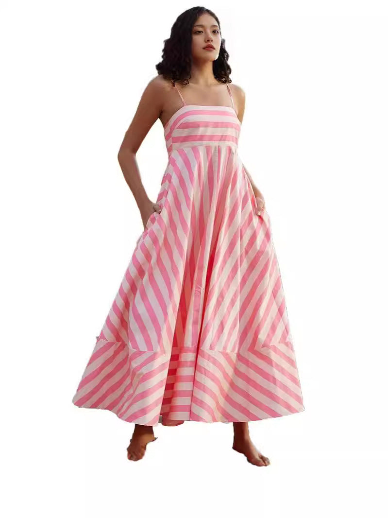 Elegant Printed Striped High-Waist Swing Dress