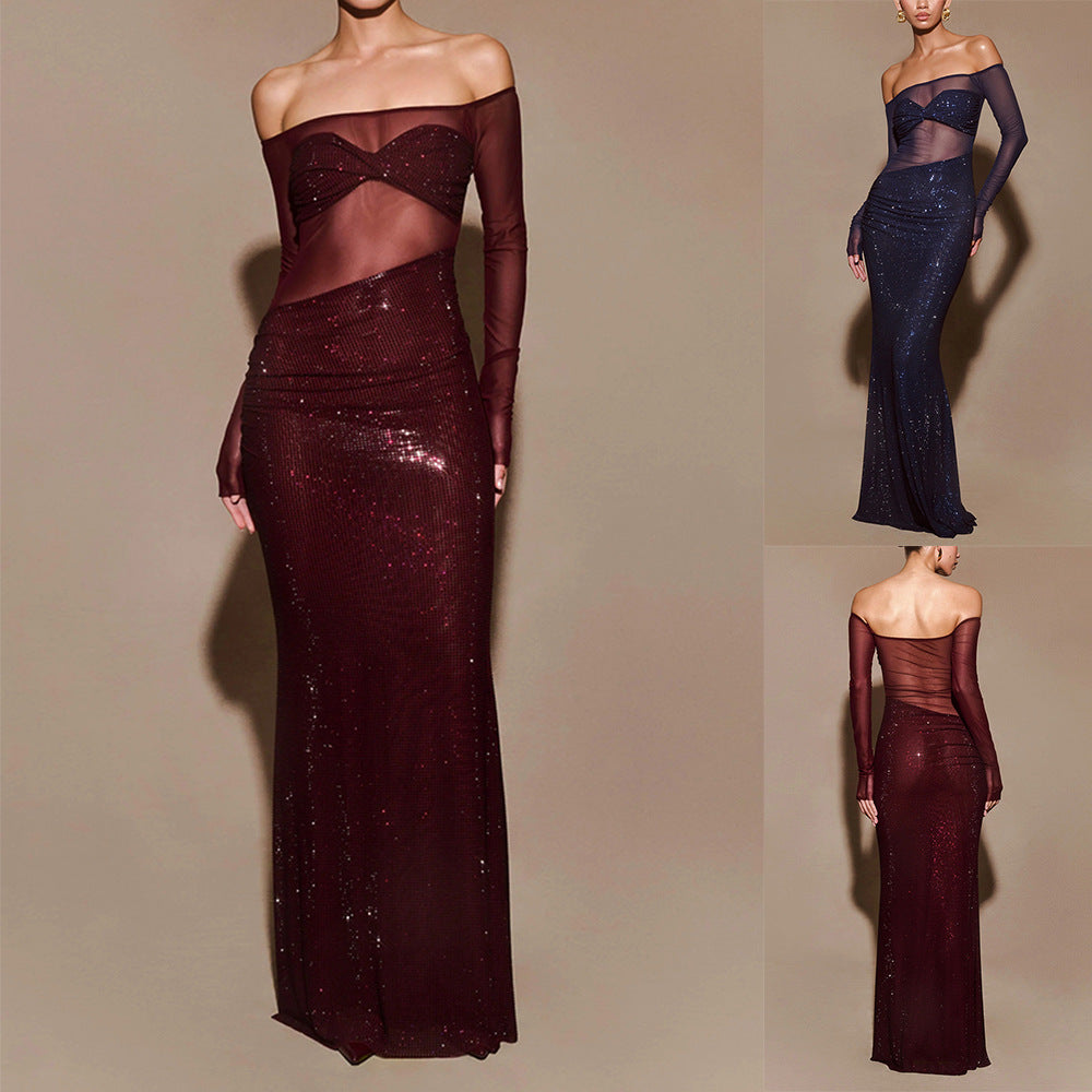 Womens Sexy Long Figure-hugging Off-shoulder Dress