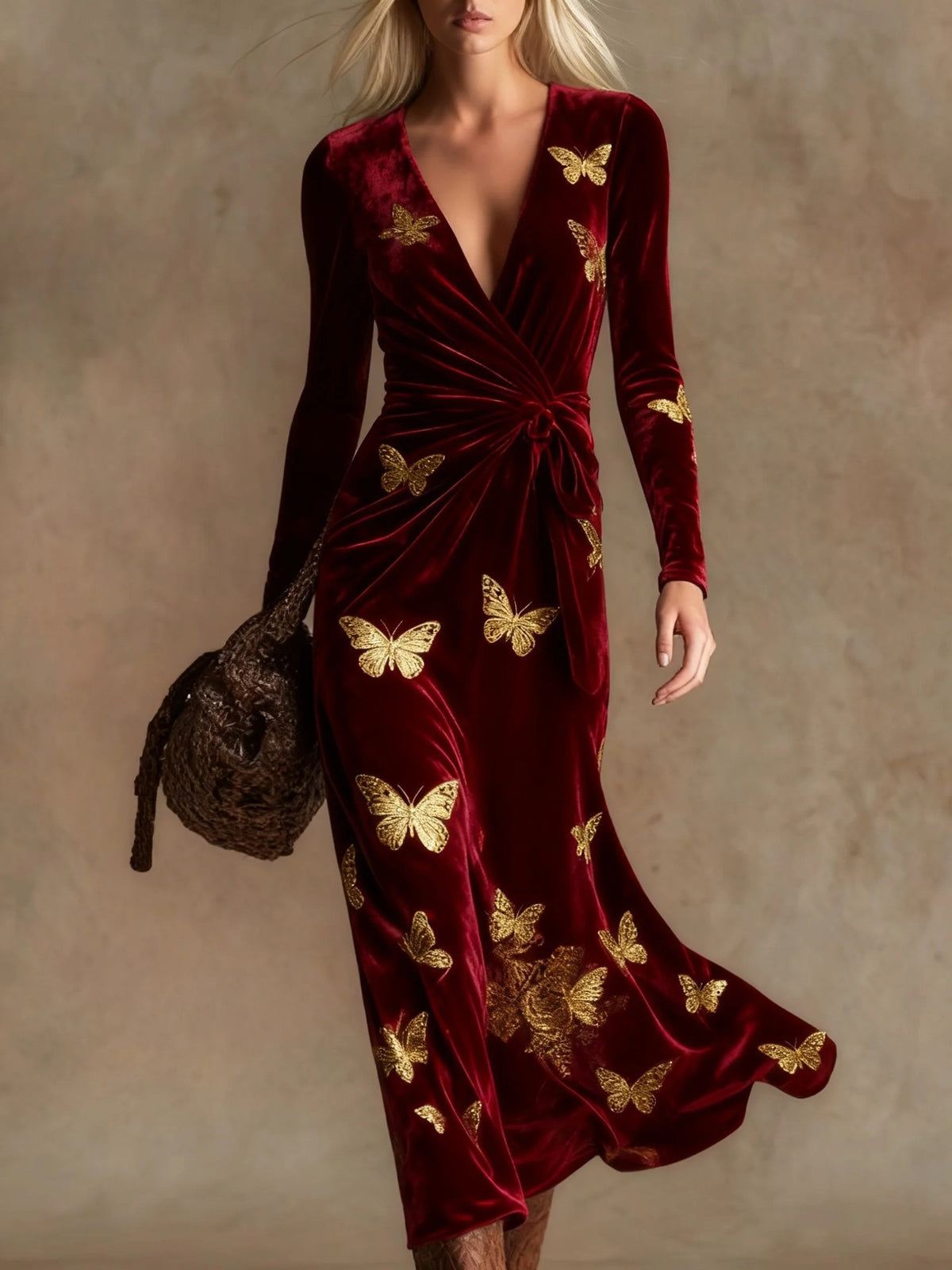 Womens V-neck Long-sleeve Maxi Dress