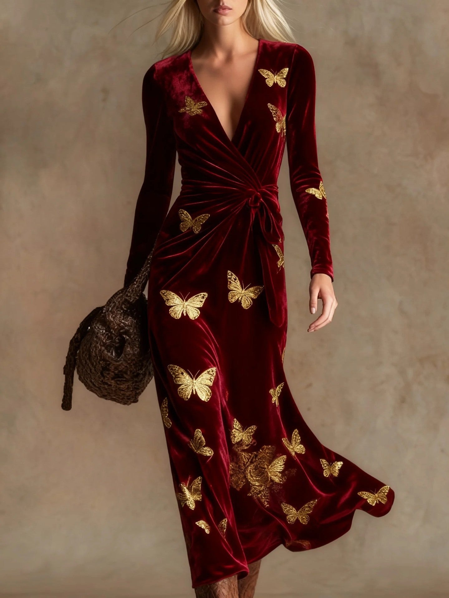 Womens V-neck Long-sleeve Maxi Dress