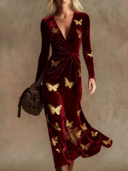 Womens V-neck Long-sleeve Maxi Dress