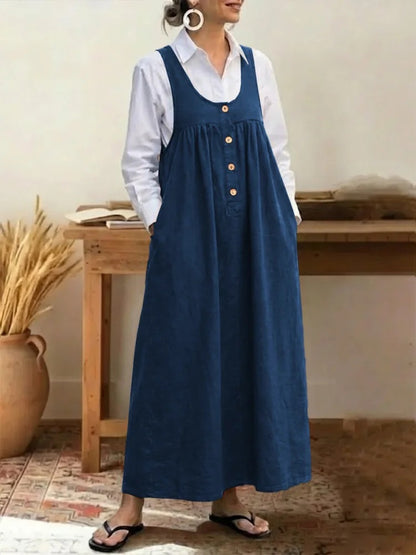 Solid-color Button-up Suspender Dress Sleeveless Loose-fit Casual Dress