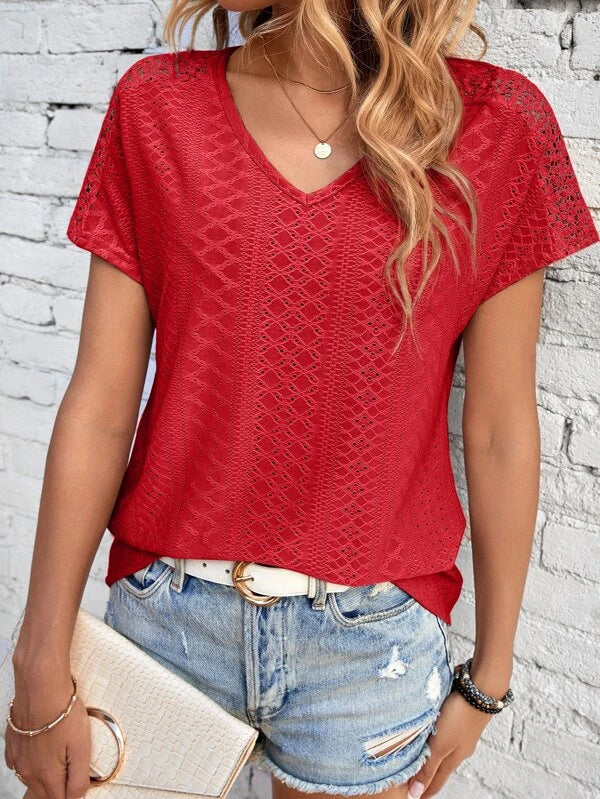 Women's Solid Color And V-neck Top Hollow Mesh Short Sleeve