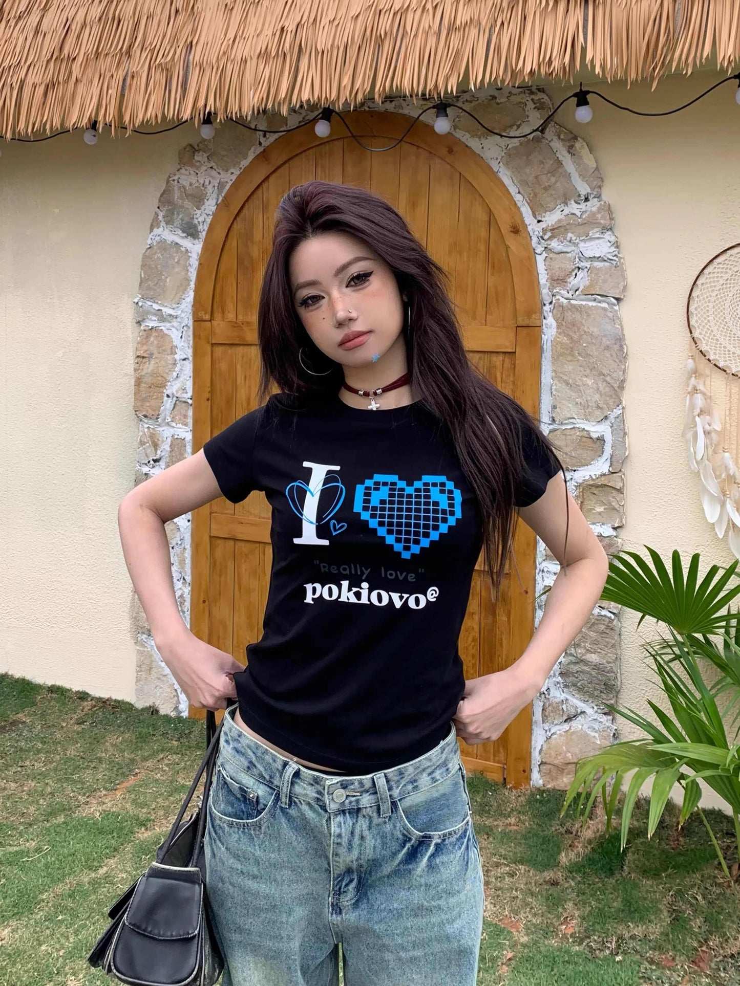 Shoulder T-shirt Female With Hearts Printed Short Sleeve Slim Top