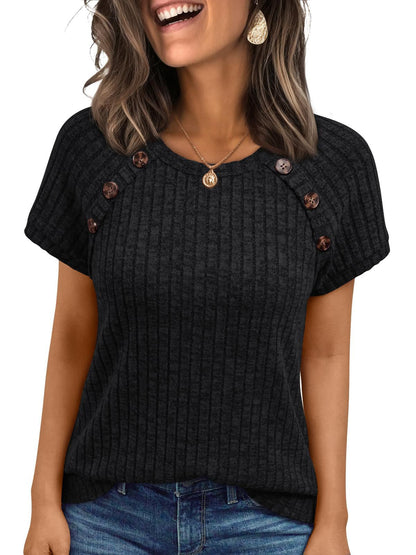 Womens Ribbed Crew-neck Button-panel Short-sleeve Top