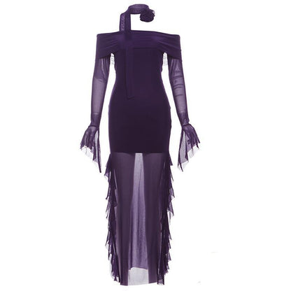 Off The Shoulder Mesh Long Sleeve Dress Figure Hugging And Hip Hugging Maxi Length