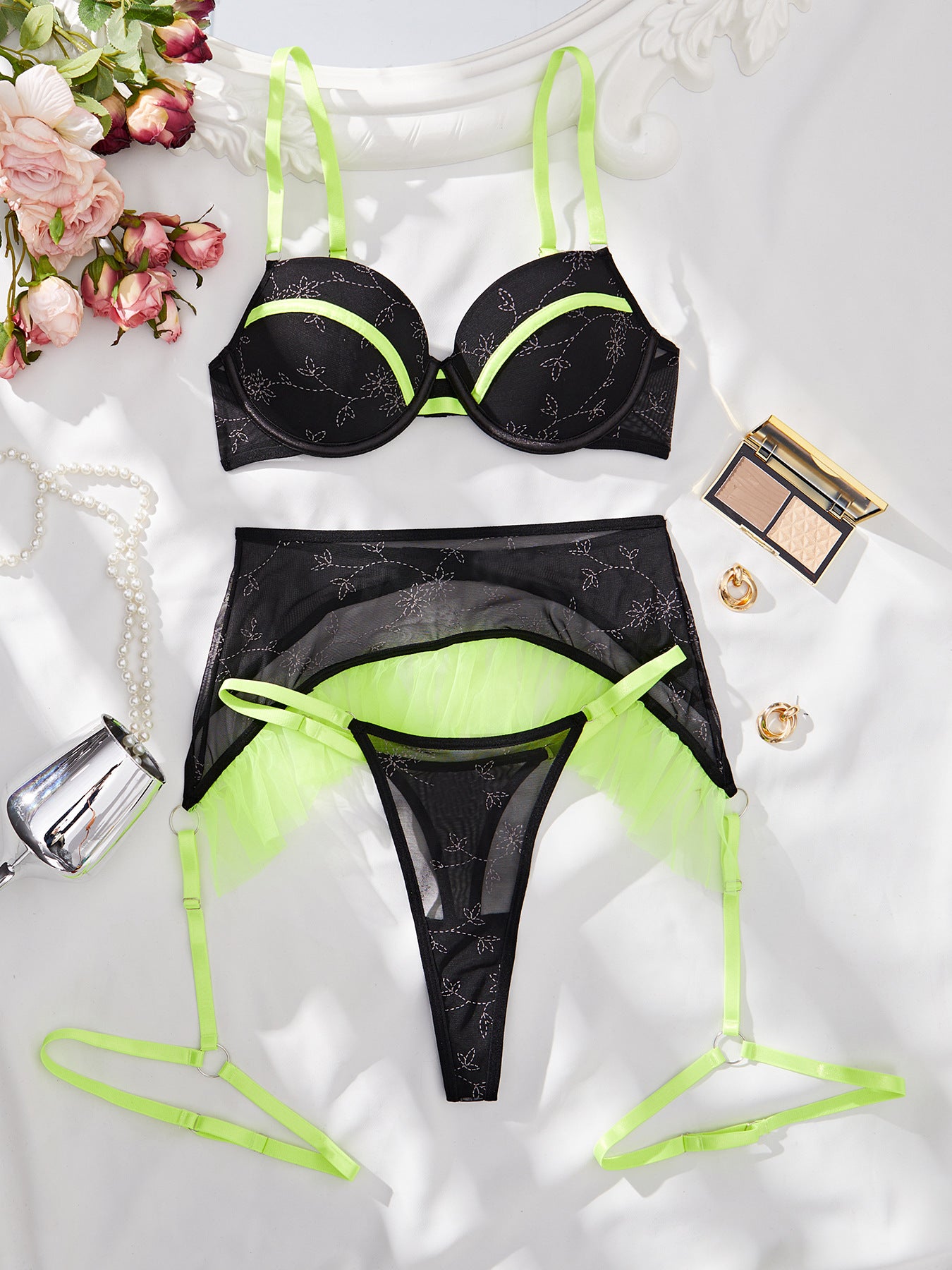 Mesh Underwear Garter Three-piece Set