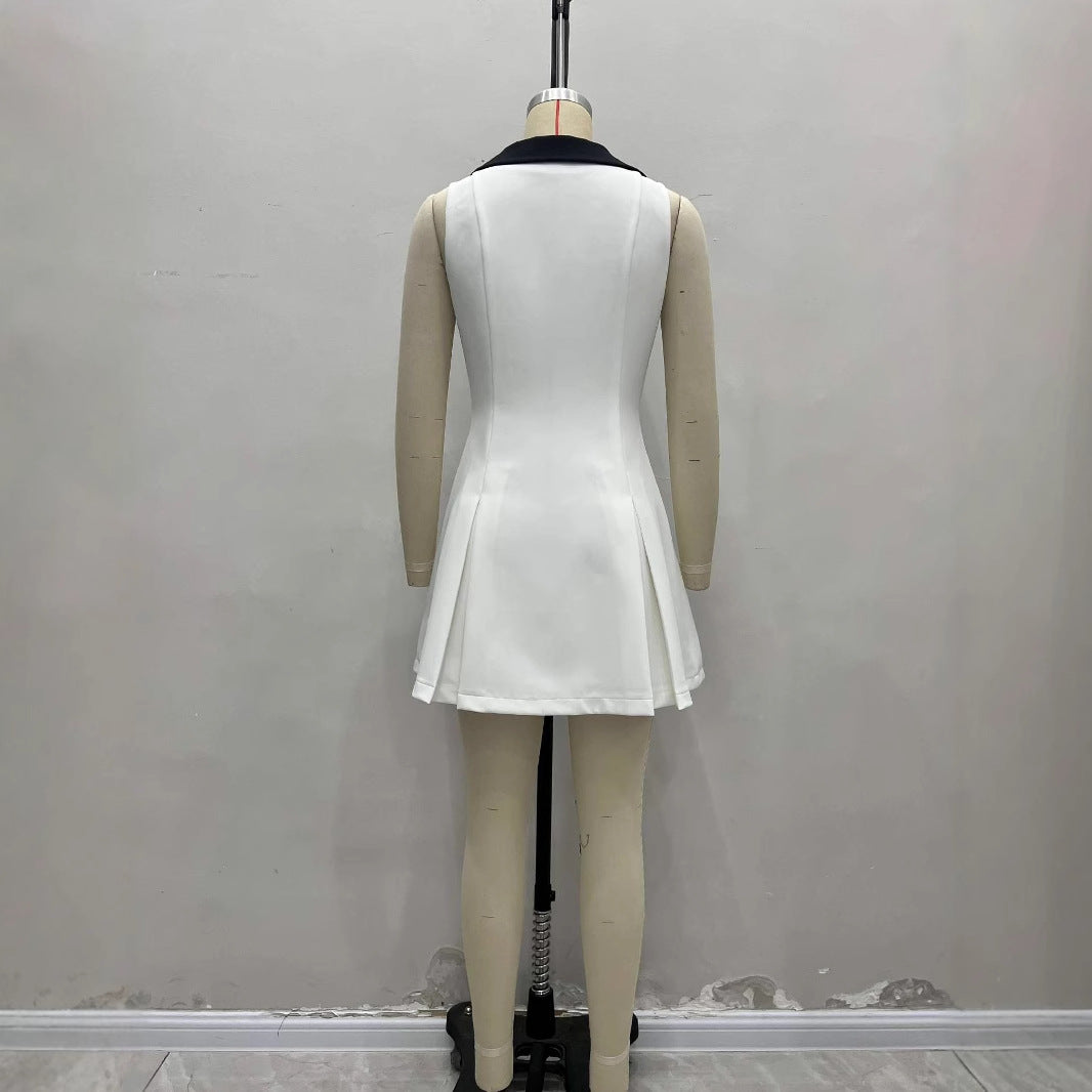 Womens Notched-Neck Metal-Button Sleeveless Elegant Waist-Cinching Dress