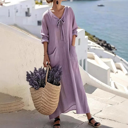 Womens Casual V-Neck Long-Sleeve Loose Cotton-Linen Solid-Color Dress