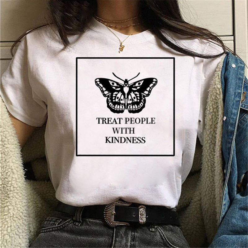 Printed White Ladies Casual Loose Personality Short Sleeves