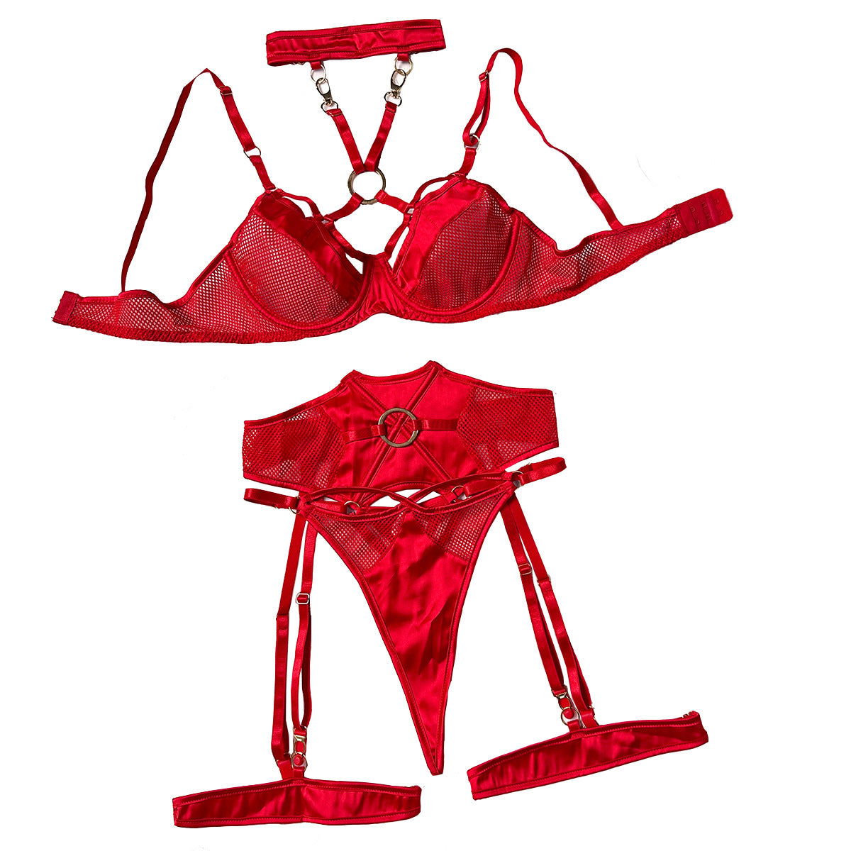Women's Fashion Complex Craft Hole Mesh Joint Steel Ring Push Up Underwear Four-piece Set
