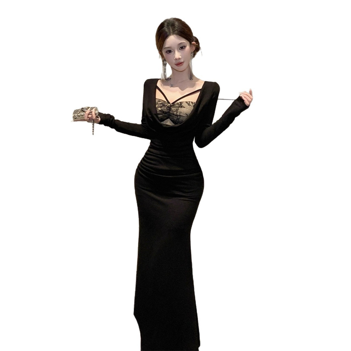 Womens Lace-Patchwork Mock Two-Piece Waist-Cinching Bodycon Dress