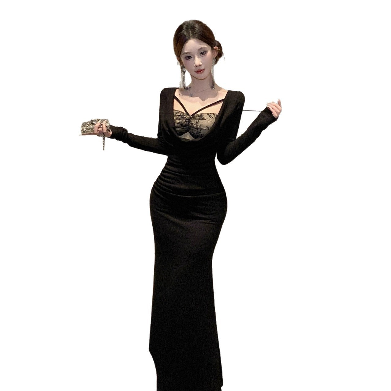 Womens Lace-Patchwork Mock Two-Piece Waist-Cinching Bodycon Dress