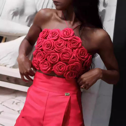 Fashion Three-dimensional Rose Woven Halterneck With Suspenders Hot Girl Top Pure Desire