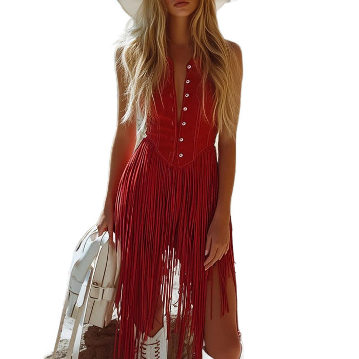 European And American-style Red Tassel Sleeveless Dress