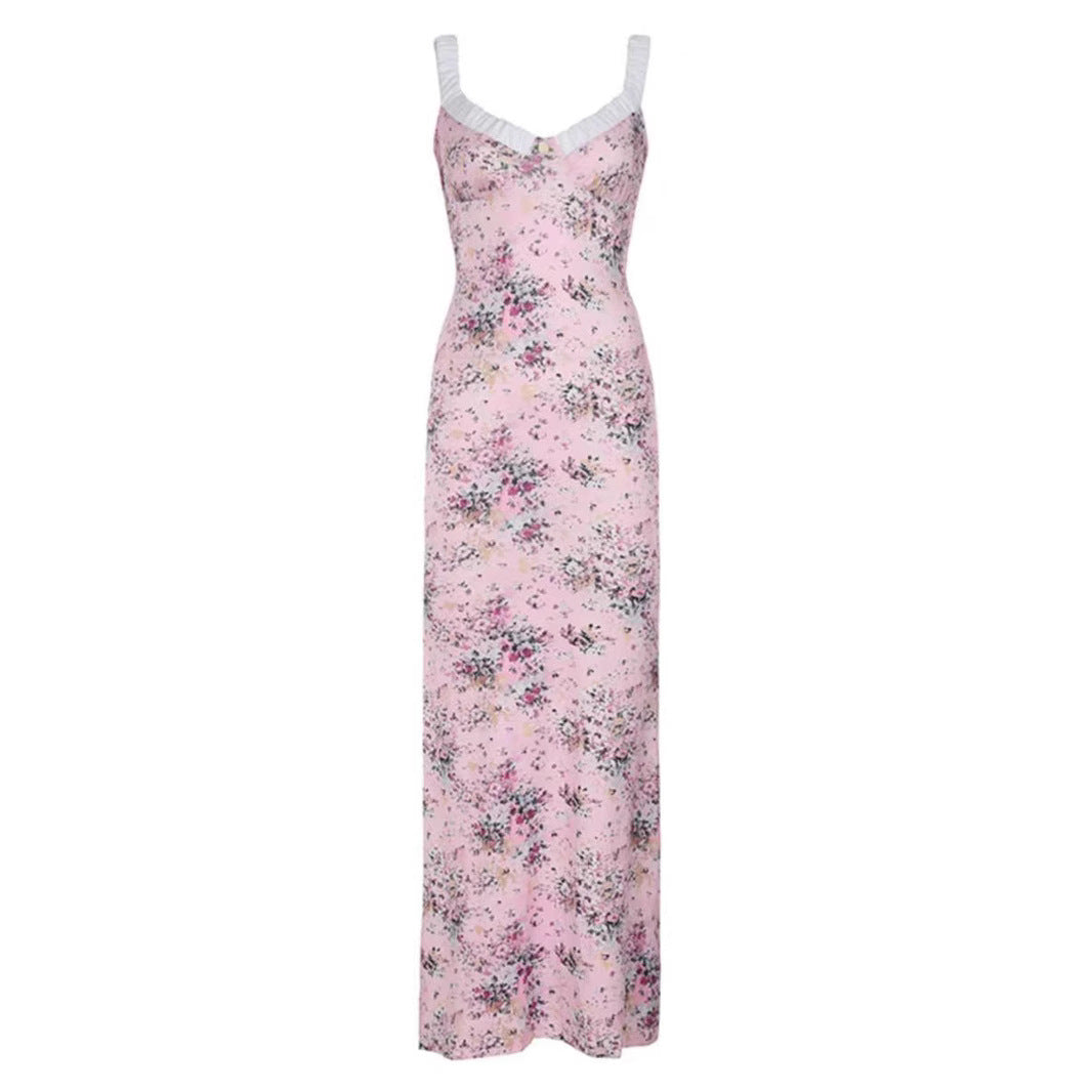 Floral Print Dress With Ruching Flattering Spaghetti Strap Bodycon Maxi Skirt