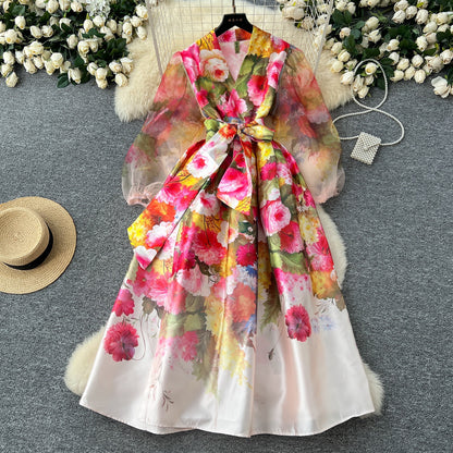 V Neck Tie Waist Mesh Fabric Lantern Sleeves Flattering Long Dress