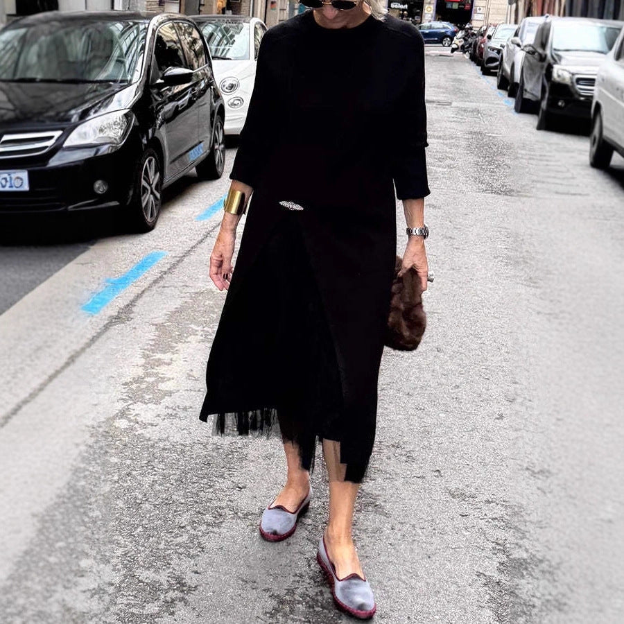 Womens Casual Knitted V-Neck Split-Joint Mesh Dress