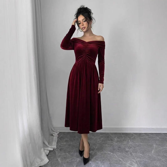 Womens Stylish Figure-hugging Velvet Long-sleeve Dress