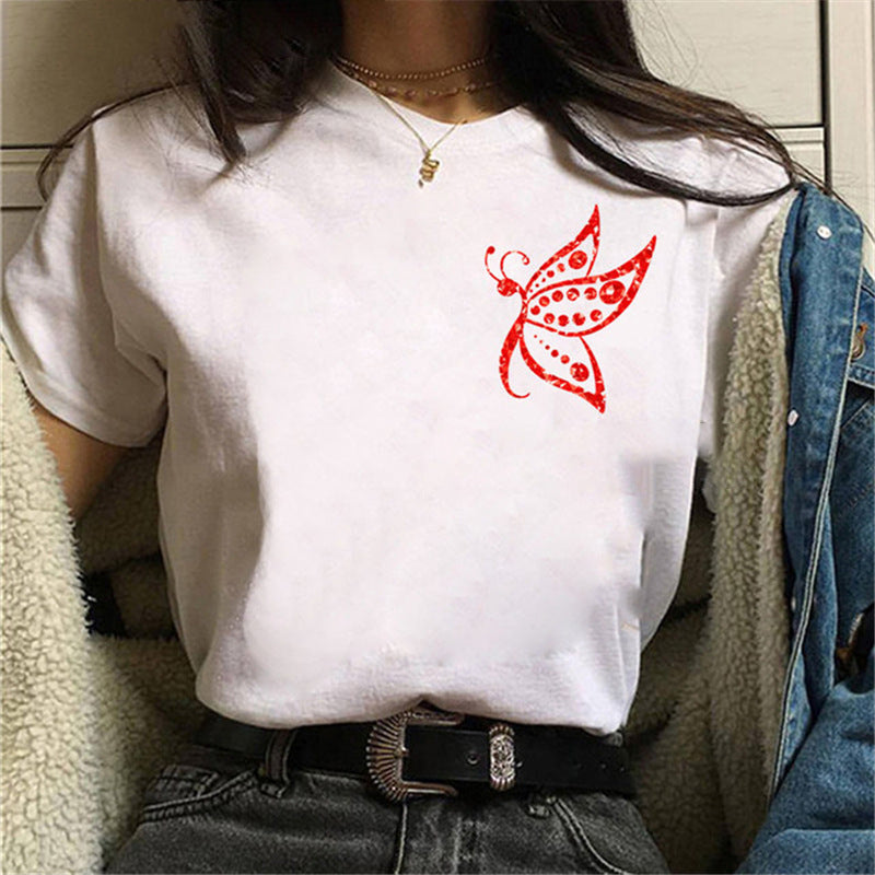 Printed White Ladies Casual Loose Personality Short Sleeves
