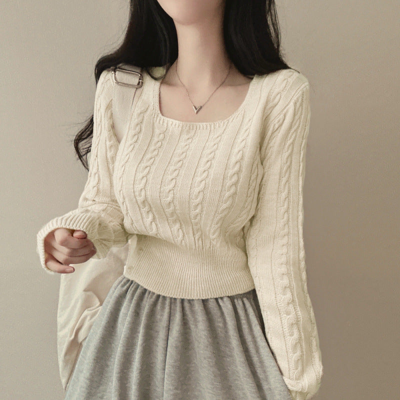 Retro Twist Knitted Sweater Single Row Button Square Collar Solid Color Underwear Top