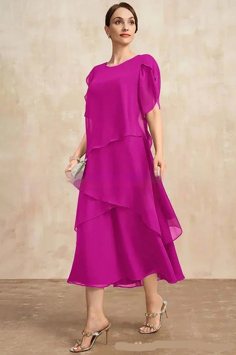 Womens Chiffon Loose Belly-Covering Layered Ruffle-Trim Dress