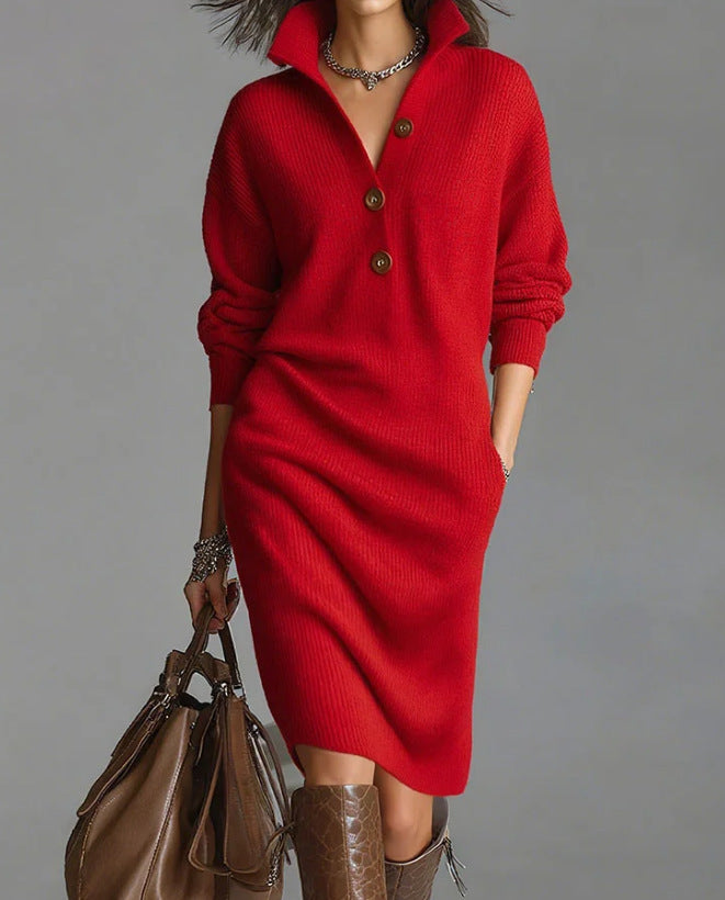 Casual Button Lapel Straight Knit Medium To Long Haired Dress