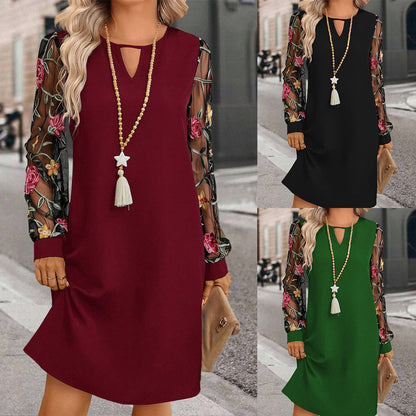 Women's Round Neck Lace Long Sleeve Dress