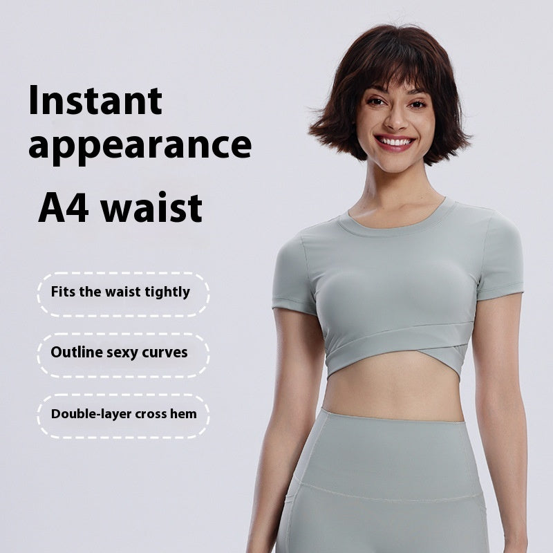 Women's Yoga Short Double-layer Hem With Chest Pad Sports Running Tight Round Neck Top
