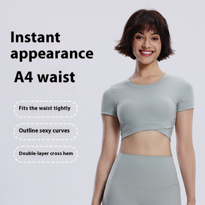 Women's Yoga Short Double-layer Hem With Chest Pad Sports Running Tight Round Neck Top