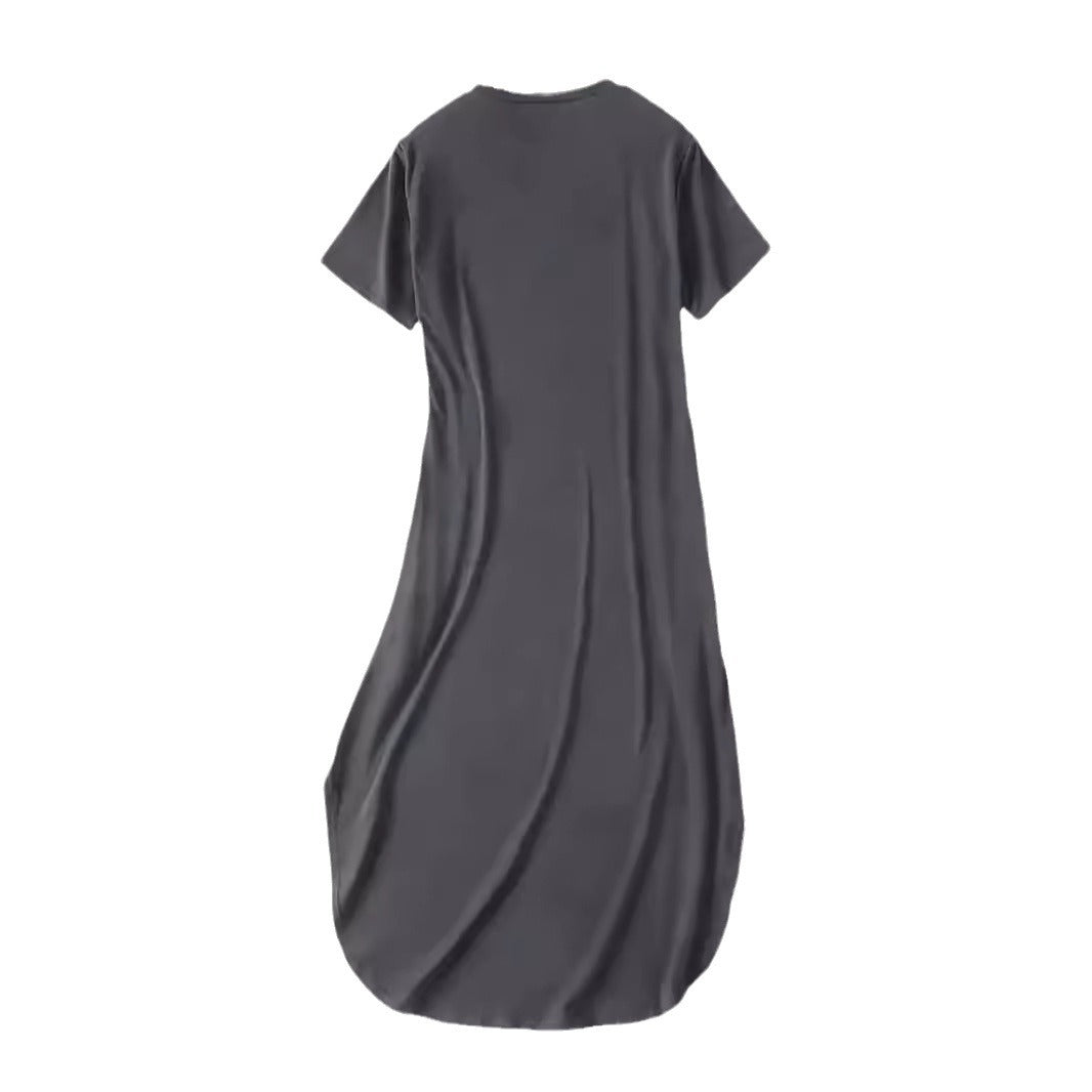 Solid-color Crew-neck Pocket Short-sleeve Dress